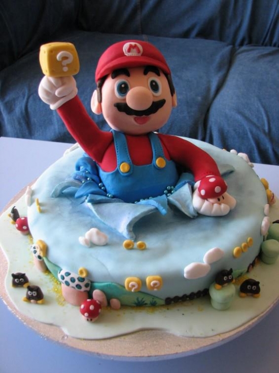 Mario popping out of a cake