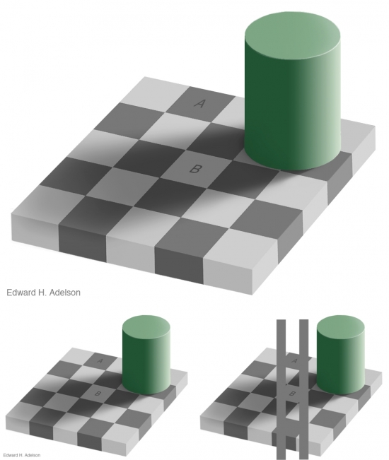 The squares marked A and B are the same shade of gray 
