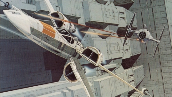 Ralph McQuarrie Tie Fighter attacking an X Wing Fighter